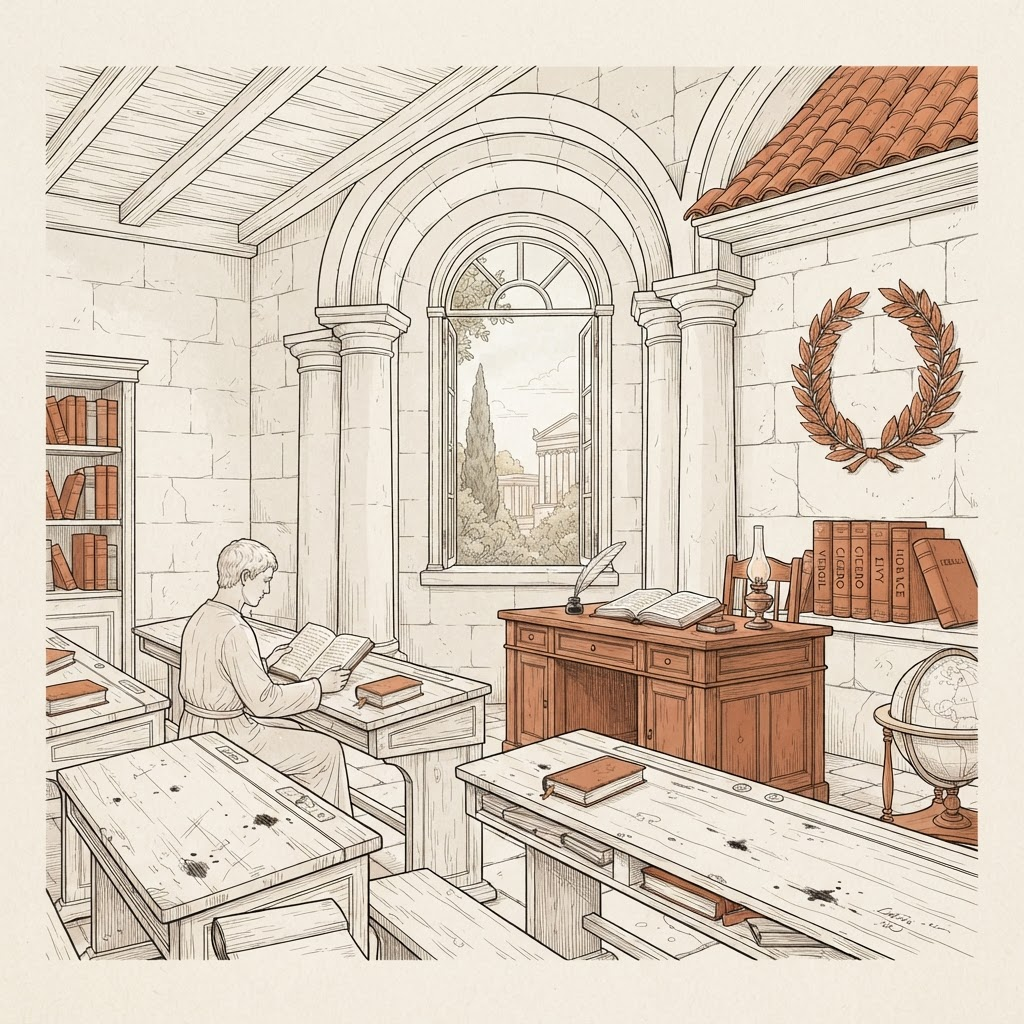 Line-art illustration of a classical Latin classroom with wooden desks, a laurel wreath, and an arched window
